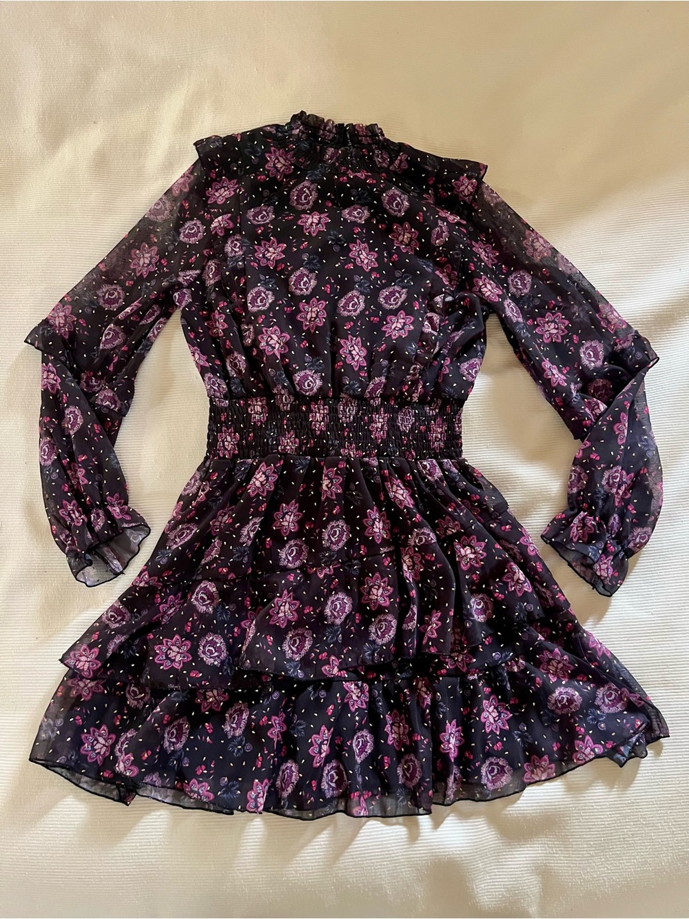 Girls Aqua Floral Tiered Long Sleeve Dress - Black/Purple/Pink, size L (10/12)